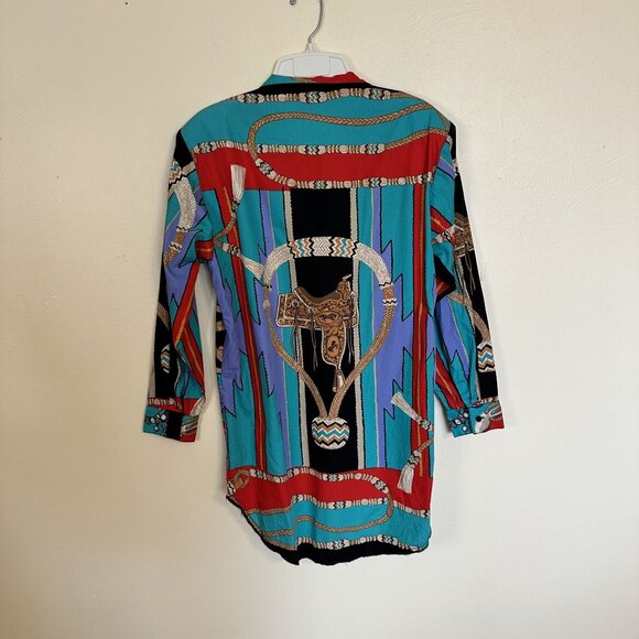 Vtg Millers Harness Womens Western Shirt Small Rodeo Saddle All over Print Teal - Picture 4 of 8